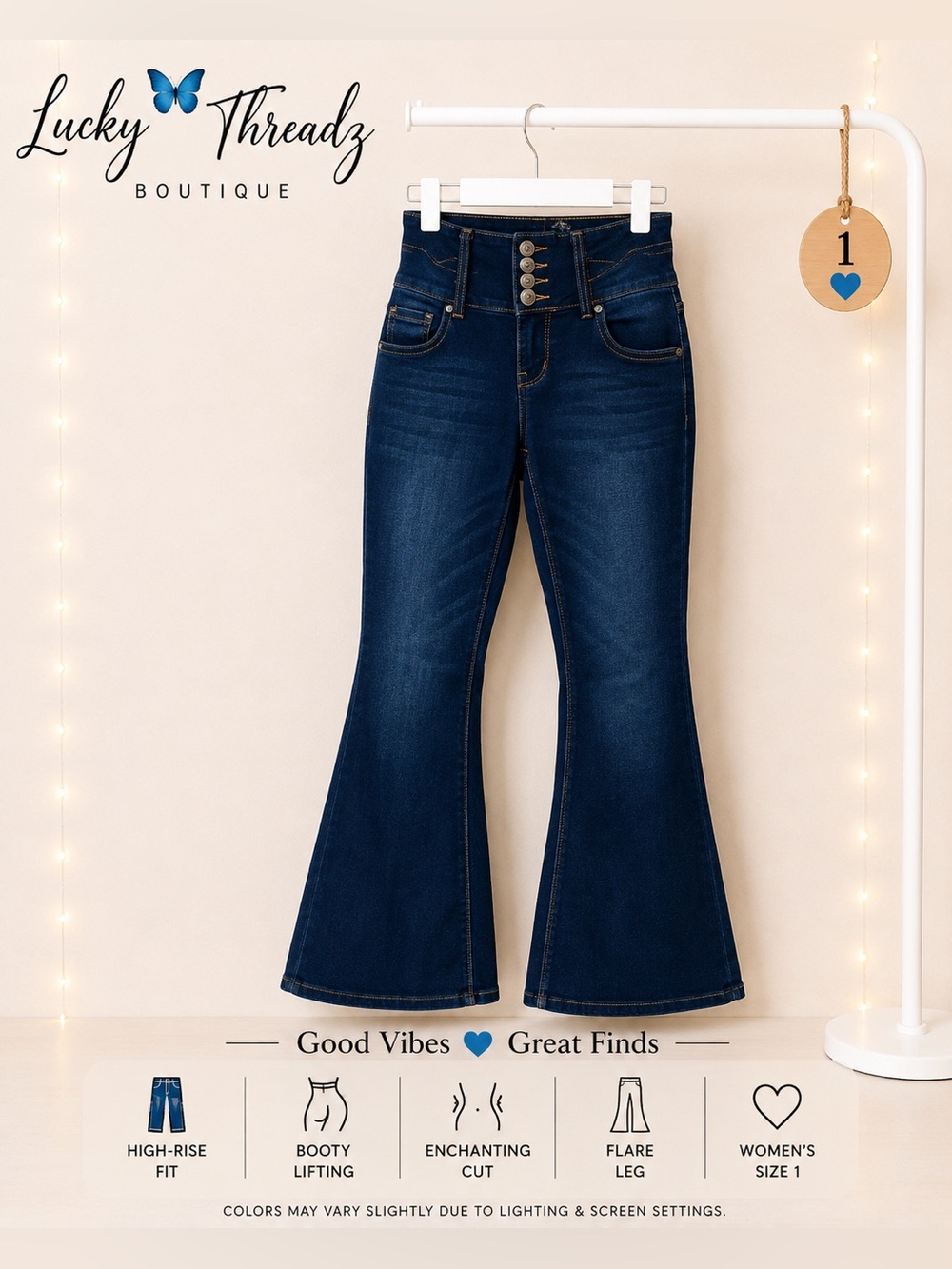Bamboo High Rise Flare Jeans Button Fly Booty Lift Size 1